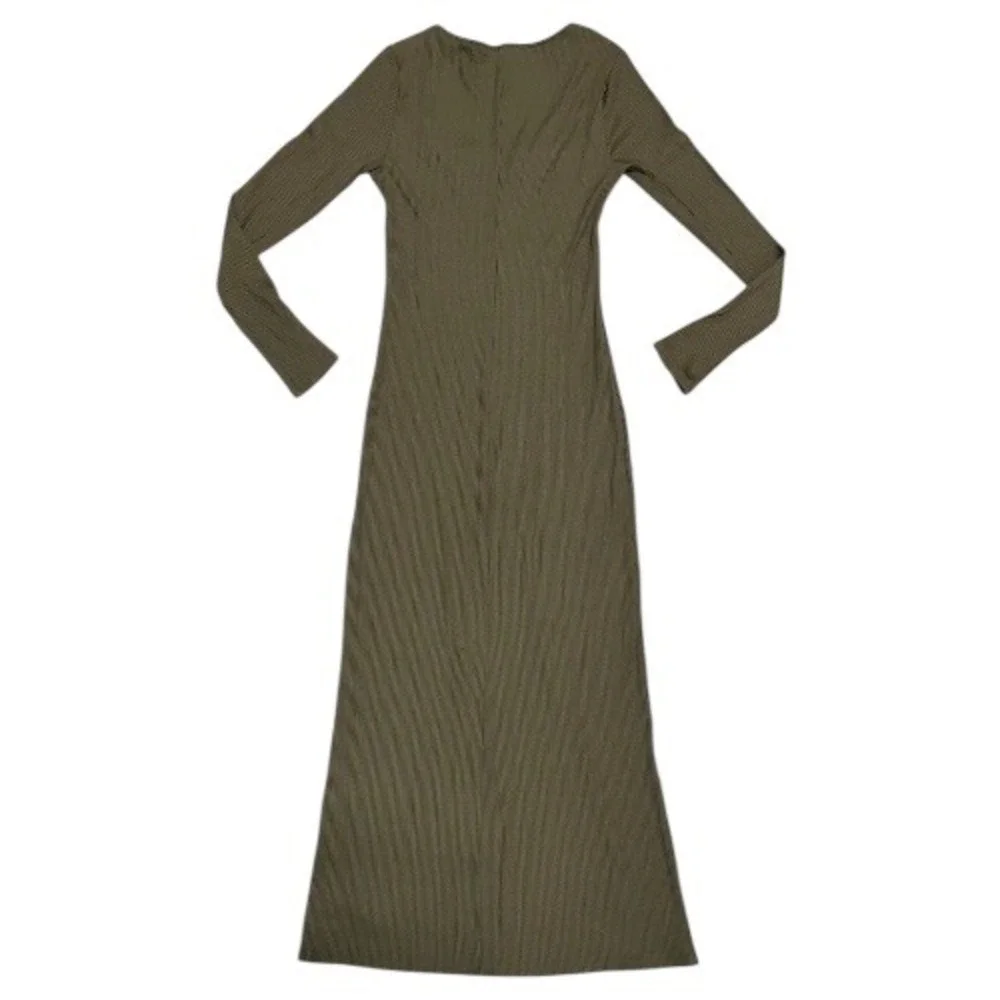 Abercrombie & Fitch Ribbed Square Neck Maxi Dress Olive Green Long Sleeve